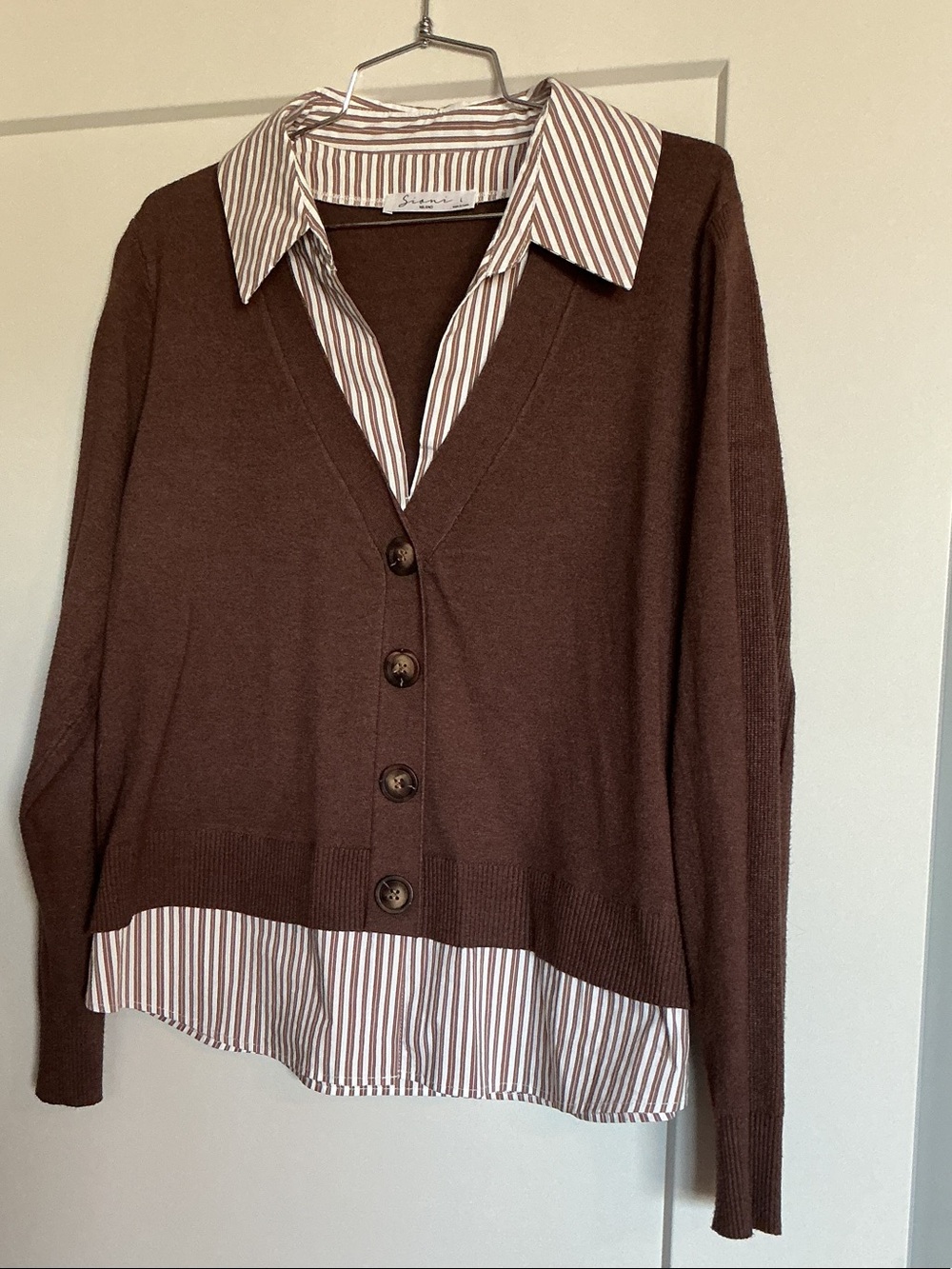 Brown V‑Neck Button Cardigan Sweater with Layered Shirt Detail